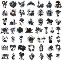 50 Pcs Dark Aesthetic Gothic Transparent Stickers,Black Rose Flower Stickers Pac