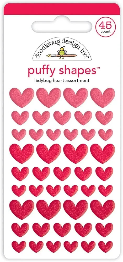 Doodlebug Self-Adhesive Stickers Puffy Heart Shapes 3 Sizes Red Ladybug
