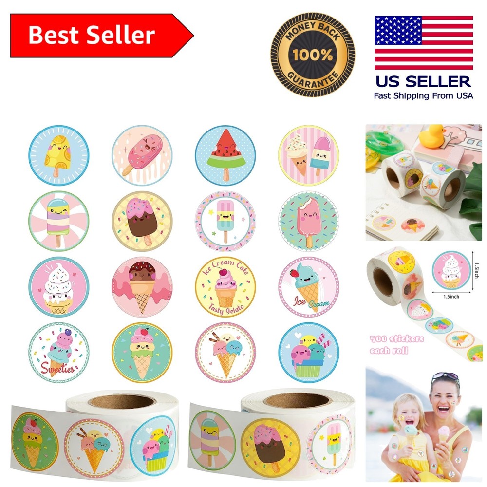Vibrant Ice Cream Sticker Roll Set – 1000 Fun, Repositionable Vinyl Stickers