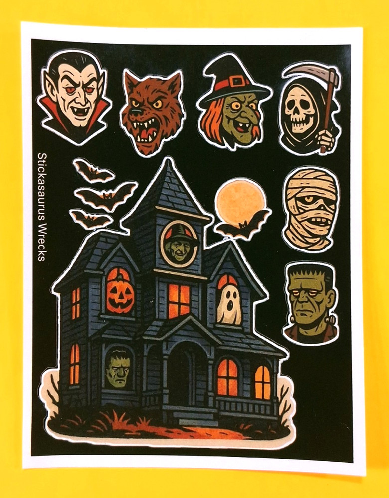 Halloween Haunted House & Monsters Sticker Sheet Witch Vamp Zombie Frank Wolf