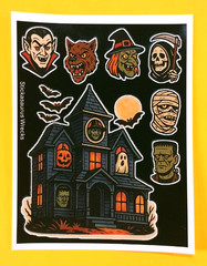 Halloween Haunted House & Monsters Sticker Sheet Witch Vamp Zombie Frank Wolf