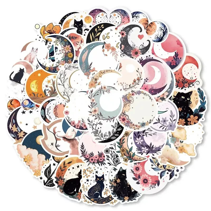 50pc Cute Celestial Floral Moon Sticker Pack Lot Laptop, Scrapbook, Journaling