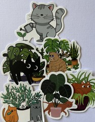 MANY CATS & PLANT ASSORTMENT Stickers(6pc)Kitten•Meow •Floral•Hiding•Peeking•Pet