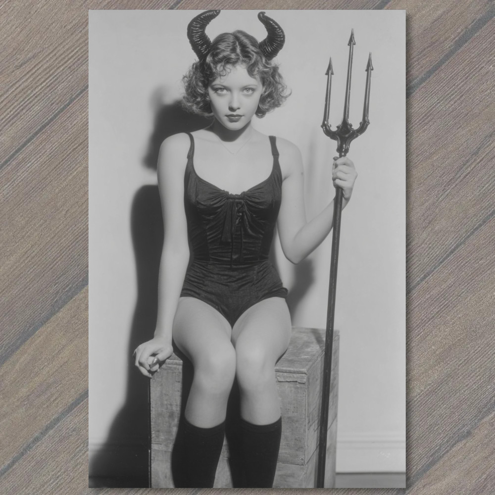 STICKER Devil Horns Girl Trident Dark Retro Style Black Swimsuit Costume Portr