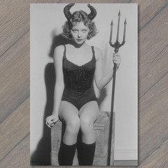 STICKER Devil Horns Girl Trident Dark Retro Style Black Swimsuit Costume Portr