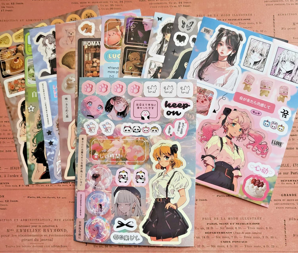 Retro Anime Girl Sticker Sheet Matte Japanese Text Keep On Bujo Journaling