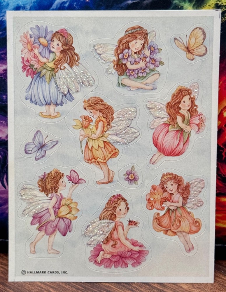 VTG Hallmark Cards Fairies w/Glittered Wings Butterflies Flowers Sticker Sheet