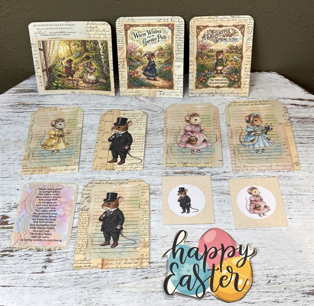 12Pc Easter Mice Ephemera Pack For Scrapbook Junk Journal Mixed Media Crafts