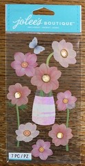 RARE JOLEES PINK FLOWERS Jar Vase Butterflies W/ Gems 3D Card Scrapbook STICKERS