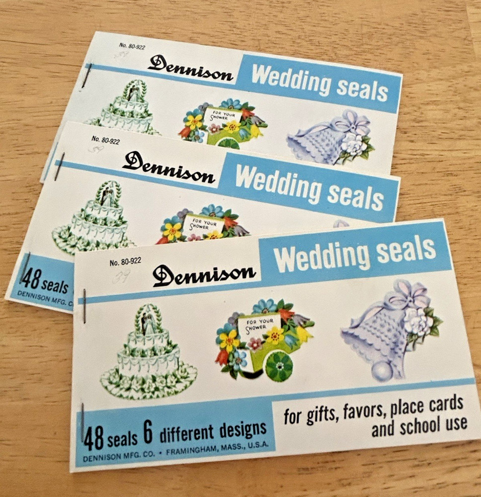 VINTAGE DENNISON SHOWER & WEDDING SEALS UNUSED 6 DIFF DESIGNS 3 books 144 TOTAL