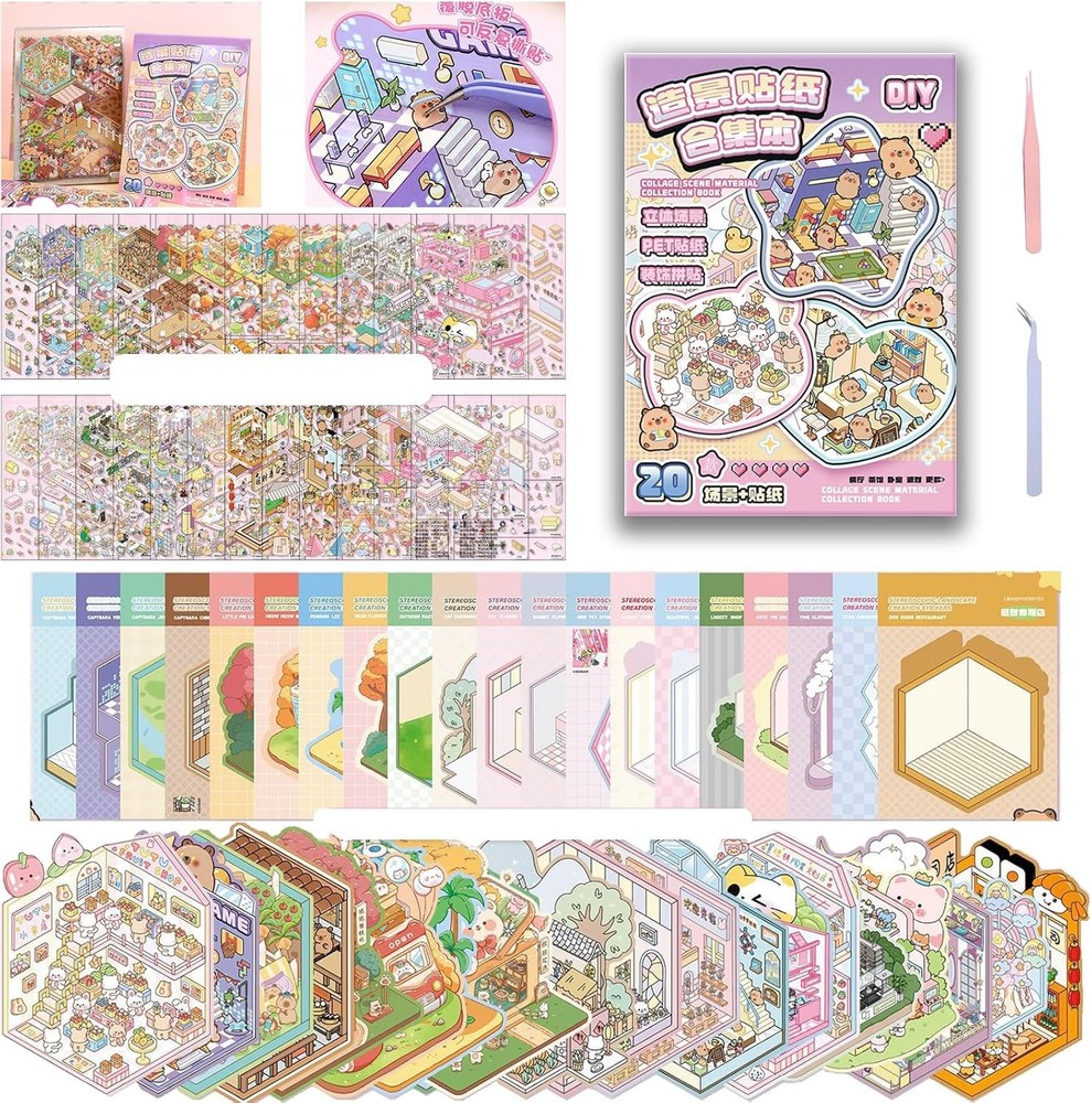 20 Scene Sticker Book for Adults, 3D Stickers, With 2 Sets of Tweezers