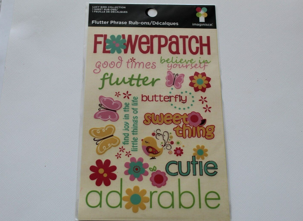 Imaginisce Flutter phrase LACY BIRD FLOWER PATCH Collection Rub-Ons