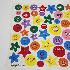 1 VINTAGE SHEET OF HIGHLIGHTS COLORFUL SMILE FACE + STARS FUNNY FACES STICKERS