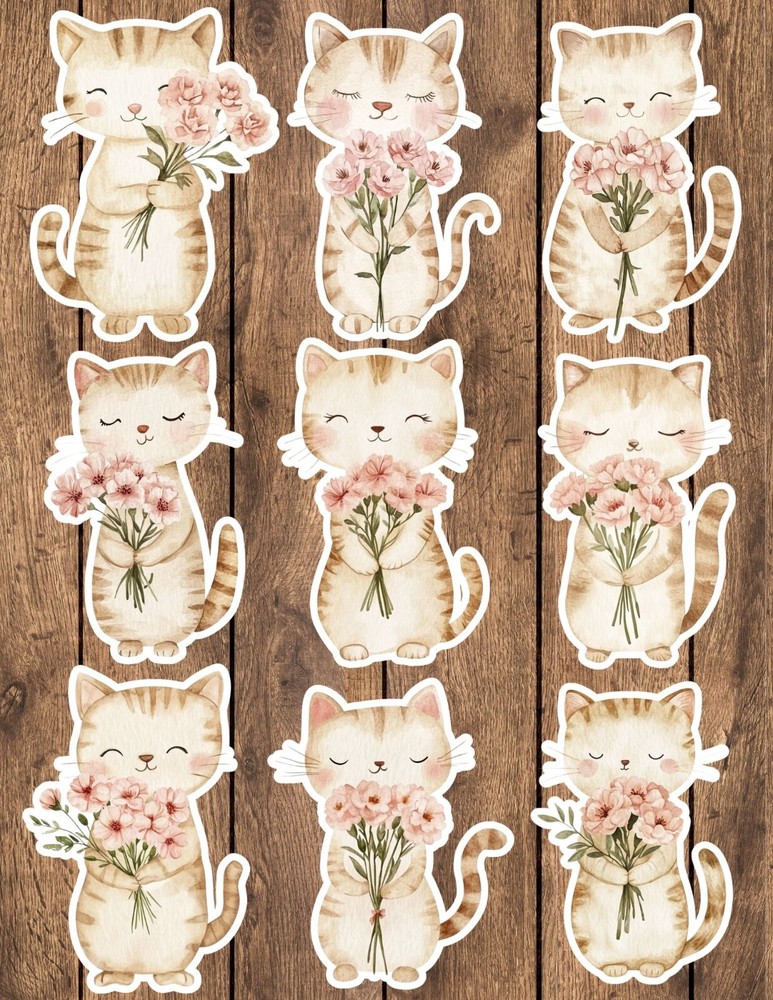 Kitten with Pink Flowers Die Cut Vinyl Stickers Scrapbooking Laptop Waterbottle