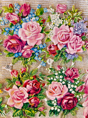 VTG VICTORIAN SCRAP FLOWER GIRLS PINK ROSES MIXED FLORALS DIECUTS GERMANY