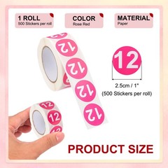 Number 12 Stickers 1″ Round Coded Self-Adhesive Labels Rose Red 500Pcs/Roll