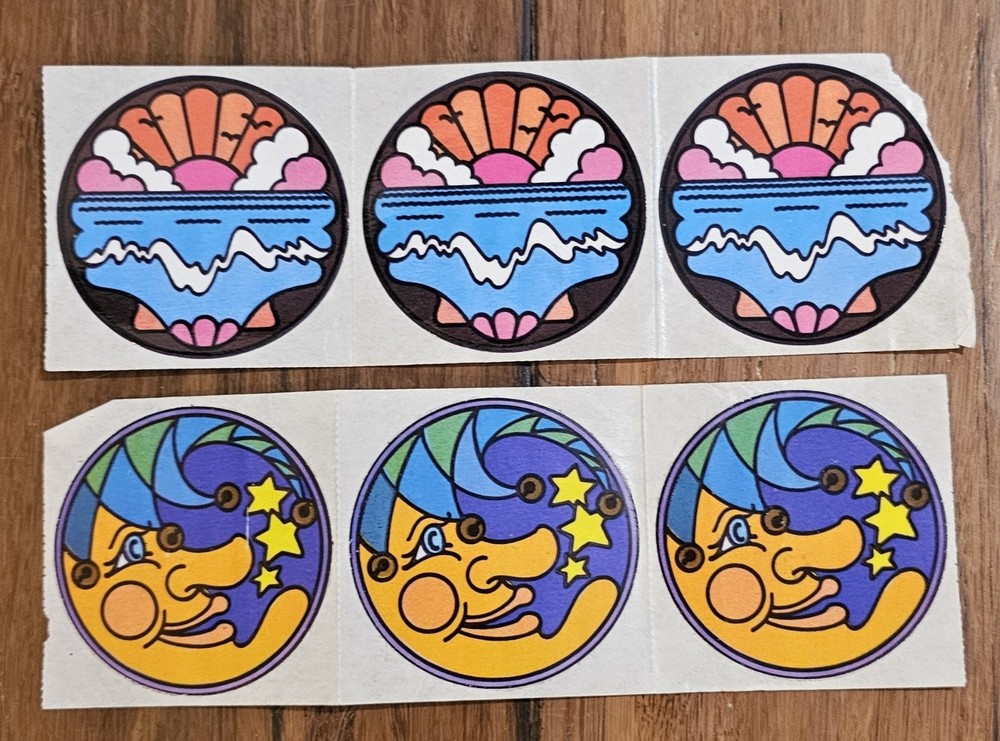 Vintage Stickers Celestial Moon Face Star Ocean Sunset Shell 80s Lot Of 6 New