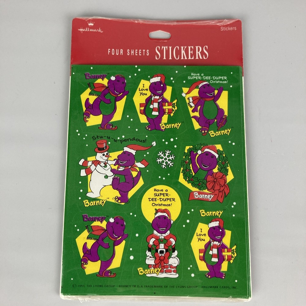 VTG Hallmark Barney Christmas Stickers 1993 New Sealed 4 Sheets