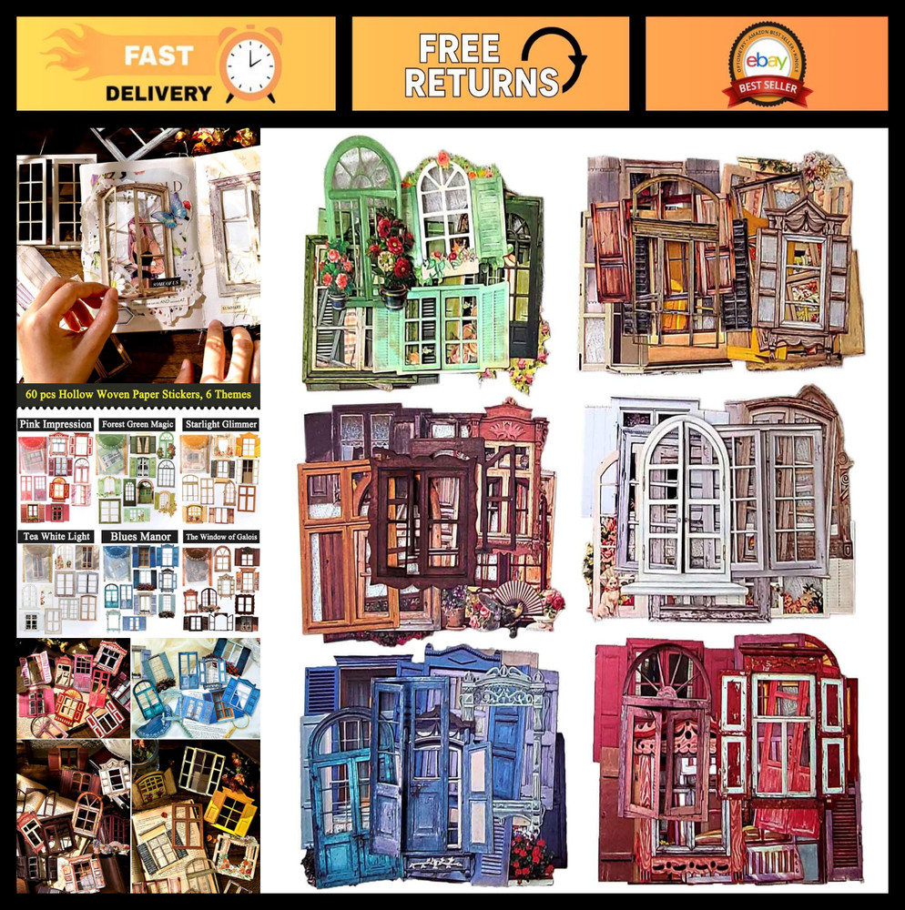 60pcs Vintage Textured Cardstock Window Frame Stickers for Scrapbooking & Journa