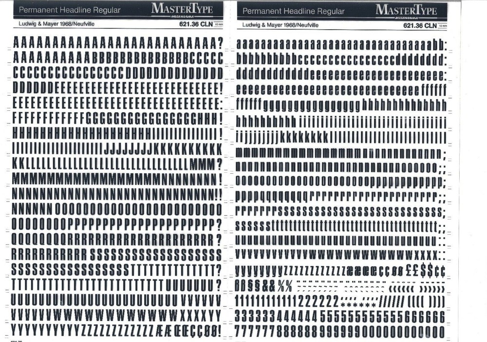 MECANORMA Transfer Lettering Sheet A3, Letraset, #625 PERMANENT HEADLINE 10mm