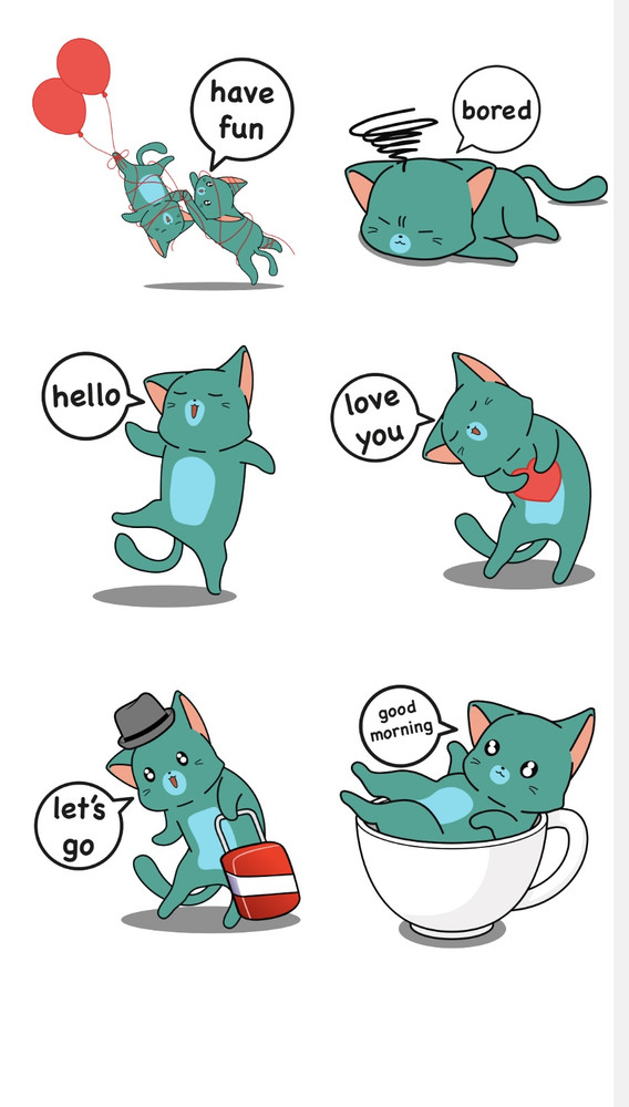 Funny Blue Cat Stickers Teal Animal Decals Kawaii Scrapbook Journaling Sheet