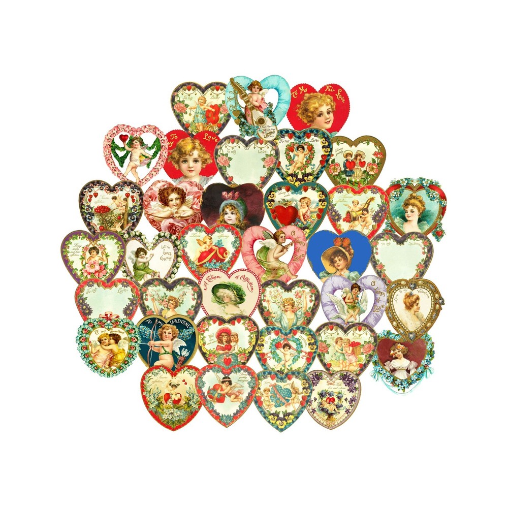 36 Valentine’s Day Hearts, Vintage Romantic Clip Art, 3 CUT-PEEL STICKER SHEETS