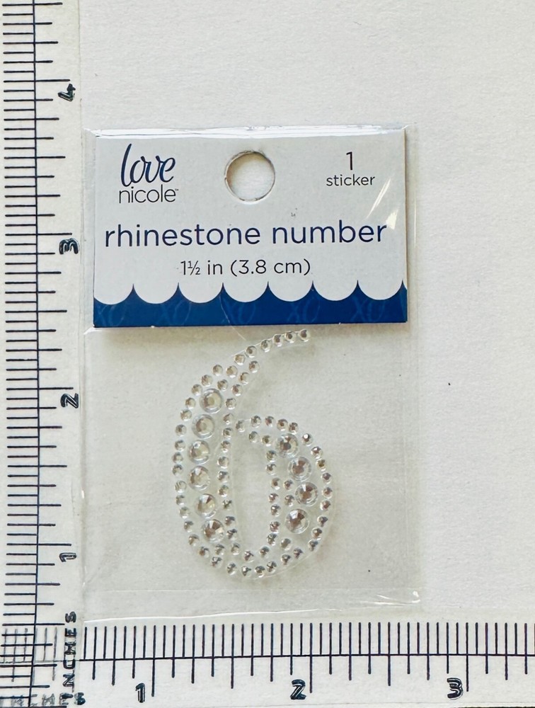 Number 6 Rhinestone Sticker 1.5″ Clear Silver Glitter Scrapbook Monogram Bling