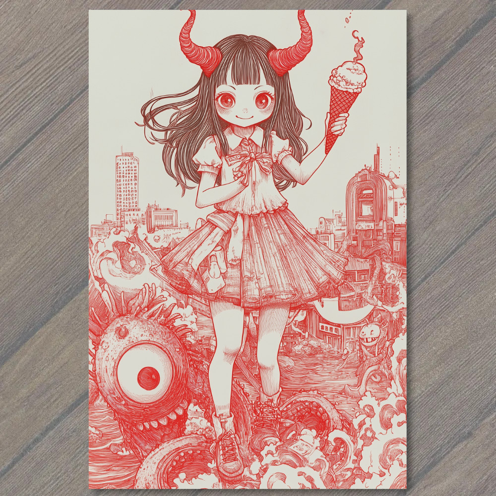 STICKER Devil Girl Ice Cream Tentacles Chaos City Retro Horror Red Ink