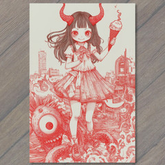 STICKER Devil Girl Ice Cream Tentacles Chaos City Retro Horror Red Ink