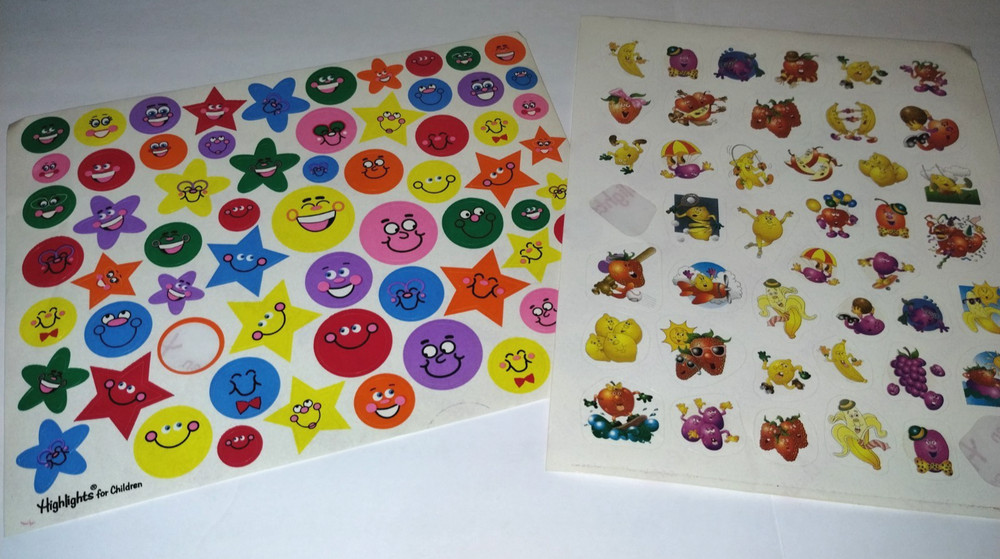 Vintage Stickers HIGHLIGHTS Magazine x2pgs Smiles Scratch & Sniff Fruits Stars