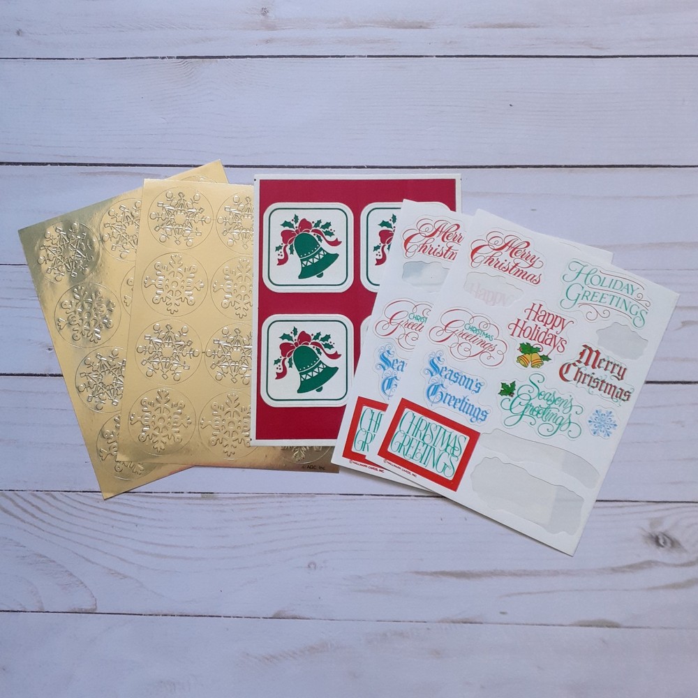 Vintage Hallmark & AGC Holiday Stickers Gold Snowflakes Green Bells Greetings