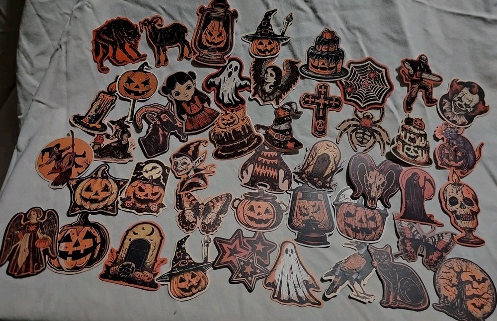 Halloween Stickers Vintage Style Orange Cream Black Pumpkin Witches Ghosts 40+