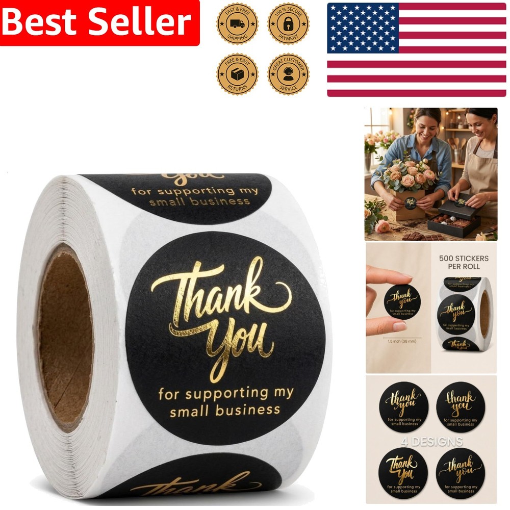 500 Stickers Black Gold Foil Thank You Small Business Packaging Labels 1.5