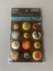 Set Of 12 Assorted Sized “Autumn” Themed Fabric Brads~1” To 1/2”, New In Package