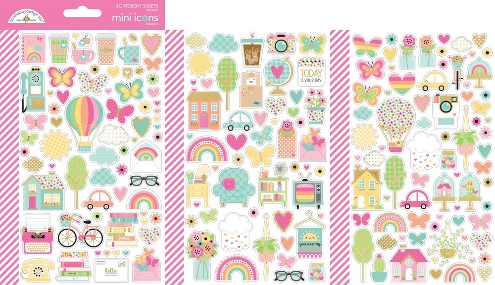 Crafts Doodlebug Mini Icon Stickers Hello Again Rainbows Houses Flowers Retro