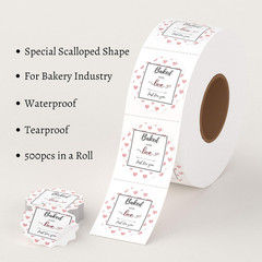 Baked with Love Stickers Roll | Scalloped Cut | Waterproof | 1.5 Inch | 500 Labe