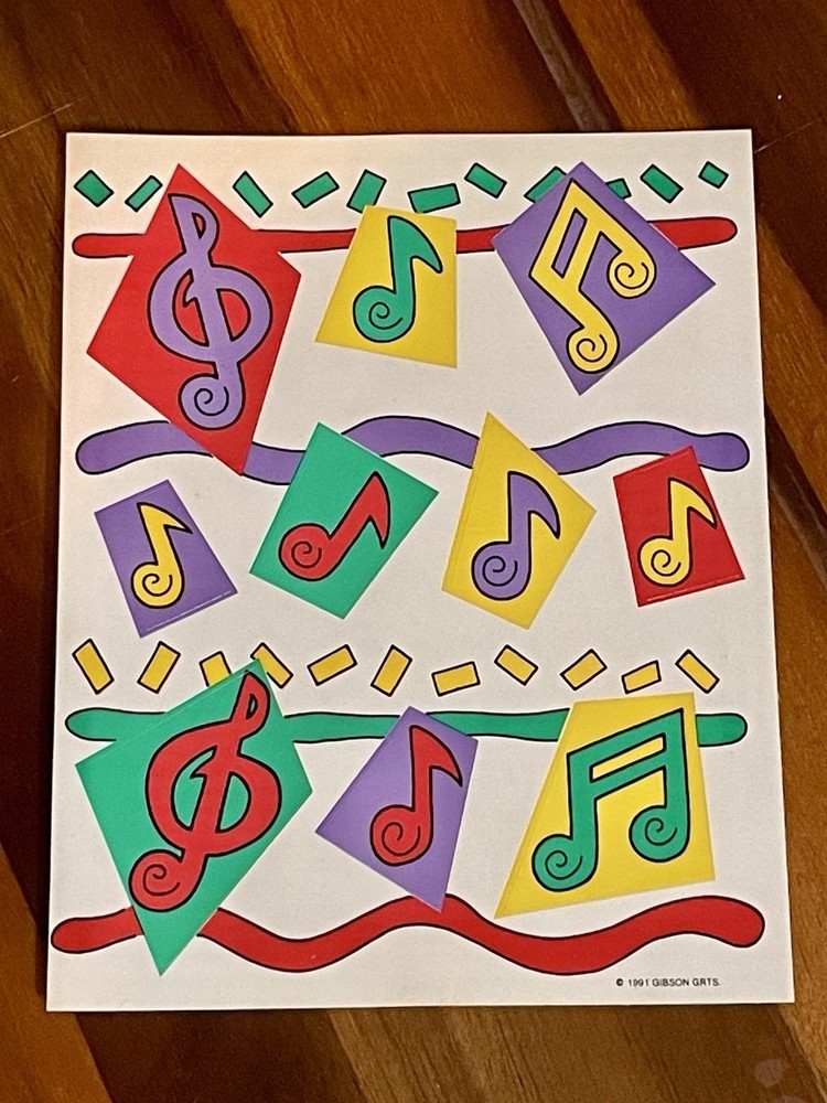 vintage 1991 gibson greetings colorful music notes sticker sheet