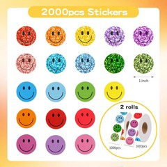 2000 Pcs Rainbow Glitter & Colorful Smile Face Stickers – 1 Inch Happy Face Rewa