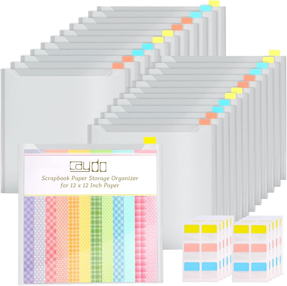 Caydo 24 Pcs Scrapbook Paper Storage Organizer 12×12 Inch with Sticky Index Tabs