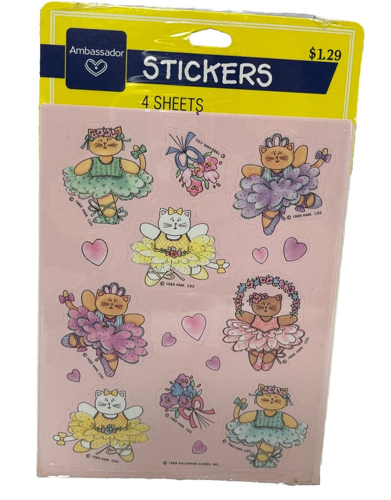 Vintage Hallmark Stickers Ballet Cats Dancing Kittens Hearts Pink New 4 Sheets