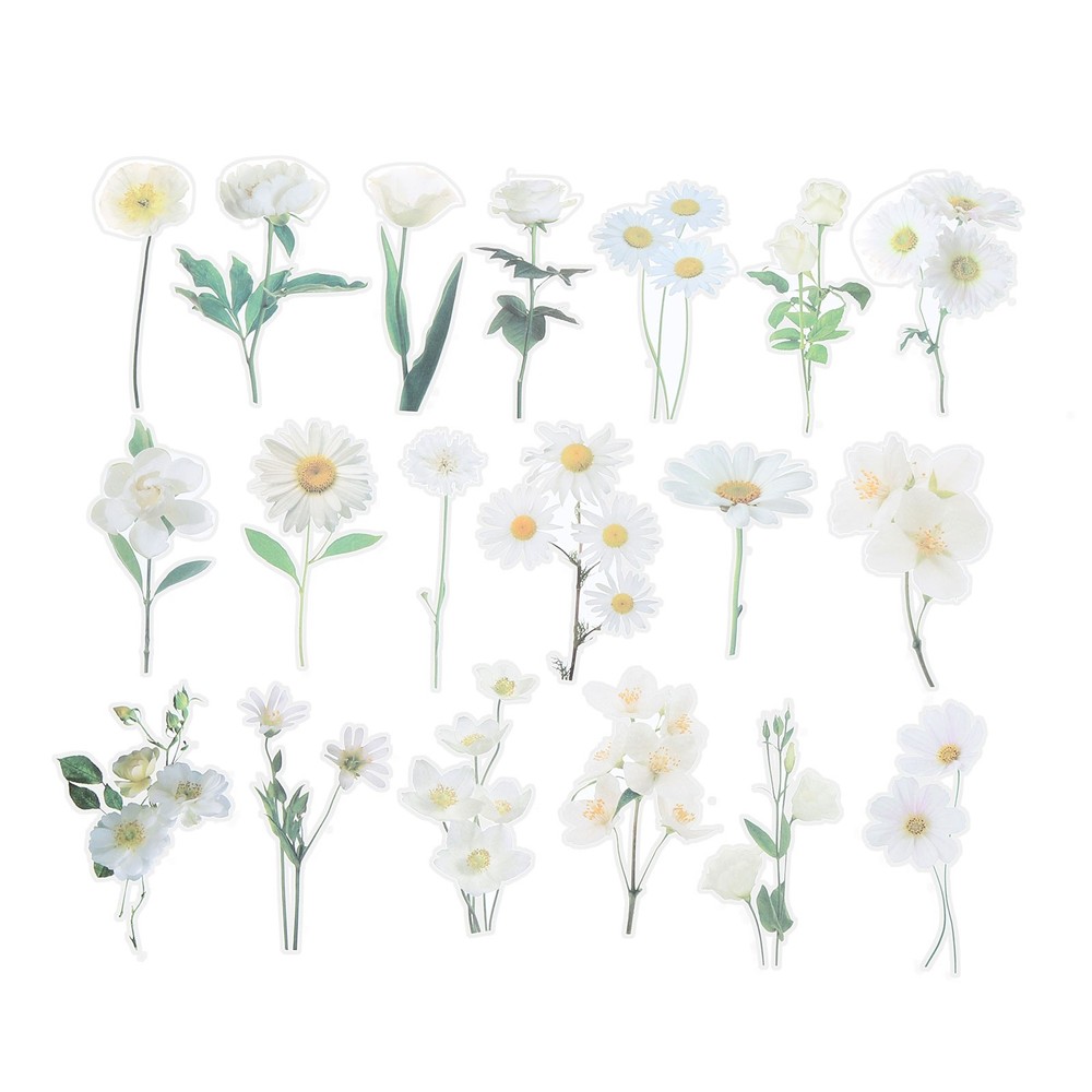 80 Sheet Clear White Daisies Flower PET Sticker, Waterproof Flower Decal, White