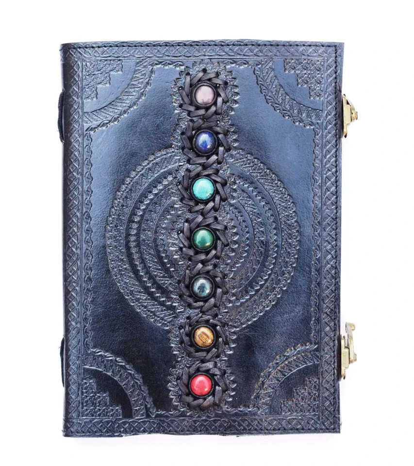 handmade seven chakra leather journal, grimoire spell, witch craft, wicaa pagan