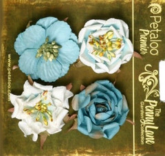 Ruffled Roses TEAL BLUE 4 Mixed Paper Flowers 3.5 to 4cm across Petaloo MHTbl