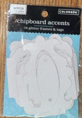 Colorbok Chipboard Accents 16 Glitter Frames & Tags Bonus Cut-Outs Wht Scrapbook