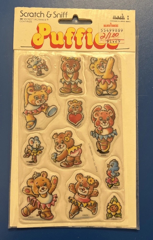 Vintage 80s Stickers Dancing Teddy Bears Scratch N Sniff Puffy