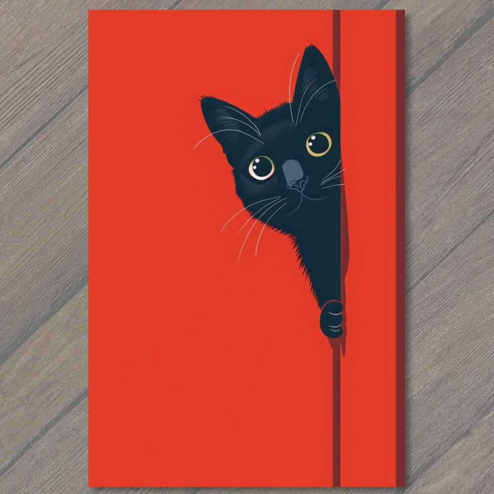STICKER Black Cat Yellow Eyes Pet Red Background Painting Cute Fun Feline