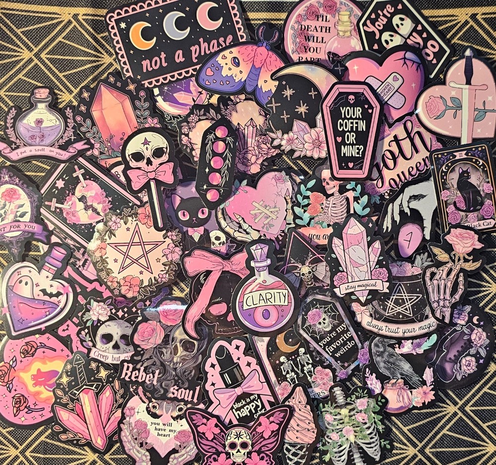 Pink Witchy Goth Stickers Random 5 Pack Pink Aesthetic Crystals Coffins Skull