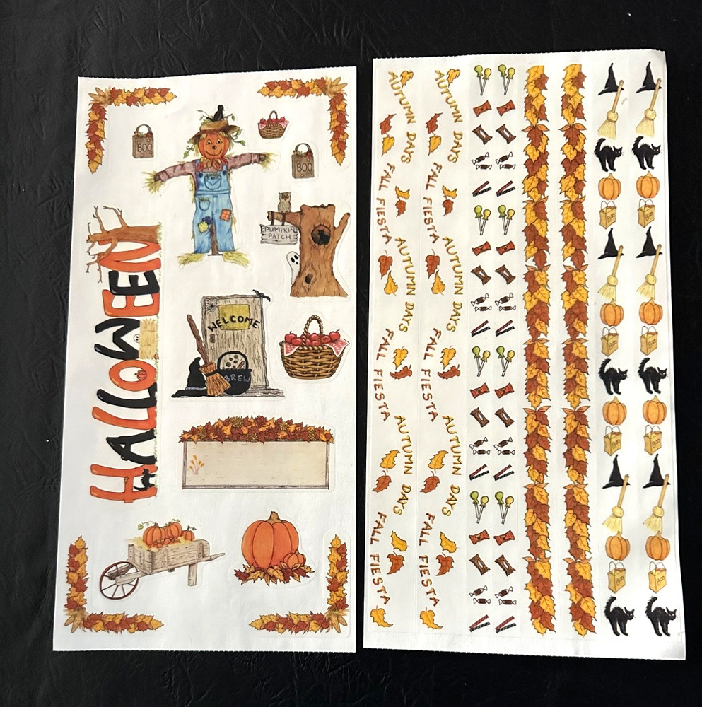 Vtg Inspire Me «HALLOWEEN / FALL»~2 Lg Sheets~BORDERS~Scarecrow~APPLES~Leaves