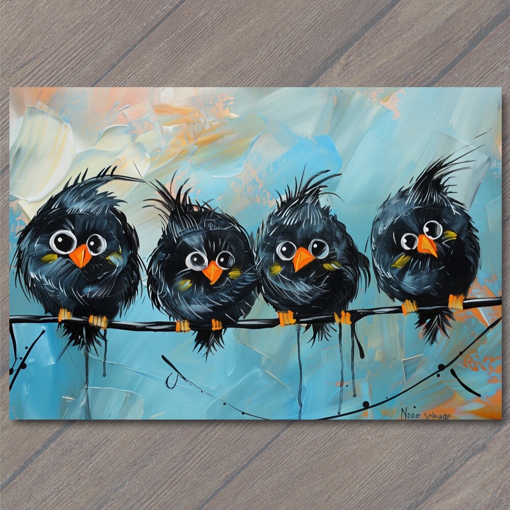 STICKER Birds On A Wire Cute Big Eyes Acrylic Painting Cartoon Style Colorful