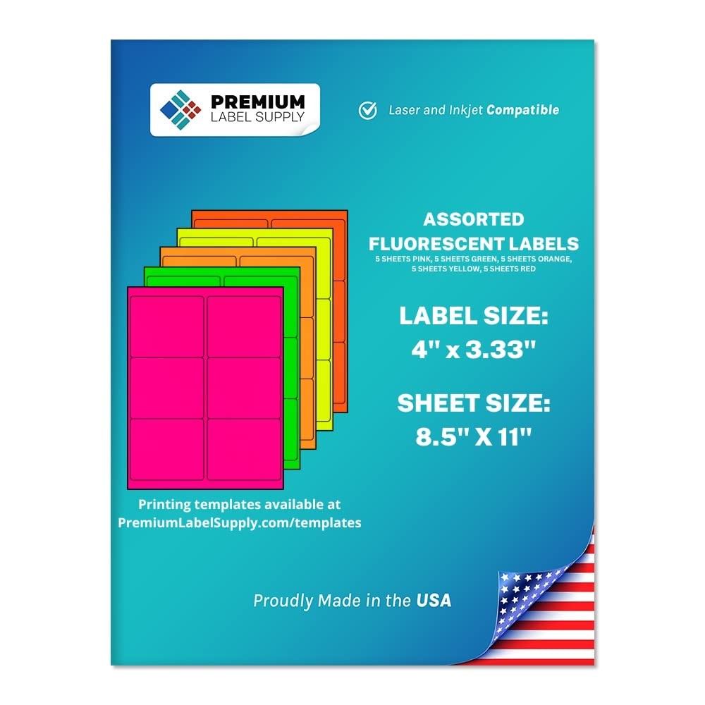 Bright Neon Color Fluorescent Stickers – 4″ x 3.33″ Labels – (Assorted Fluore…